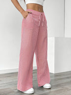 Women's French-Style Elegant Casual Commuter Striped Wide-Leg Pants, New Spring/Summer Loose Fashion Trousers with Pockets, Straight-Leg Versatile Style Zdz073103 - Watermelon Red