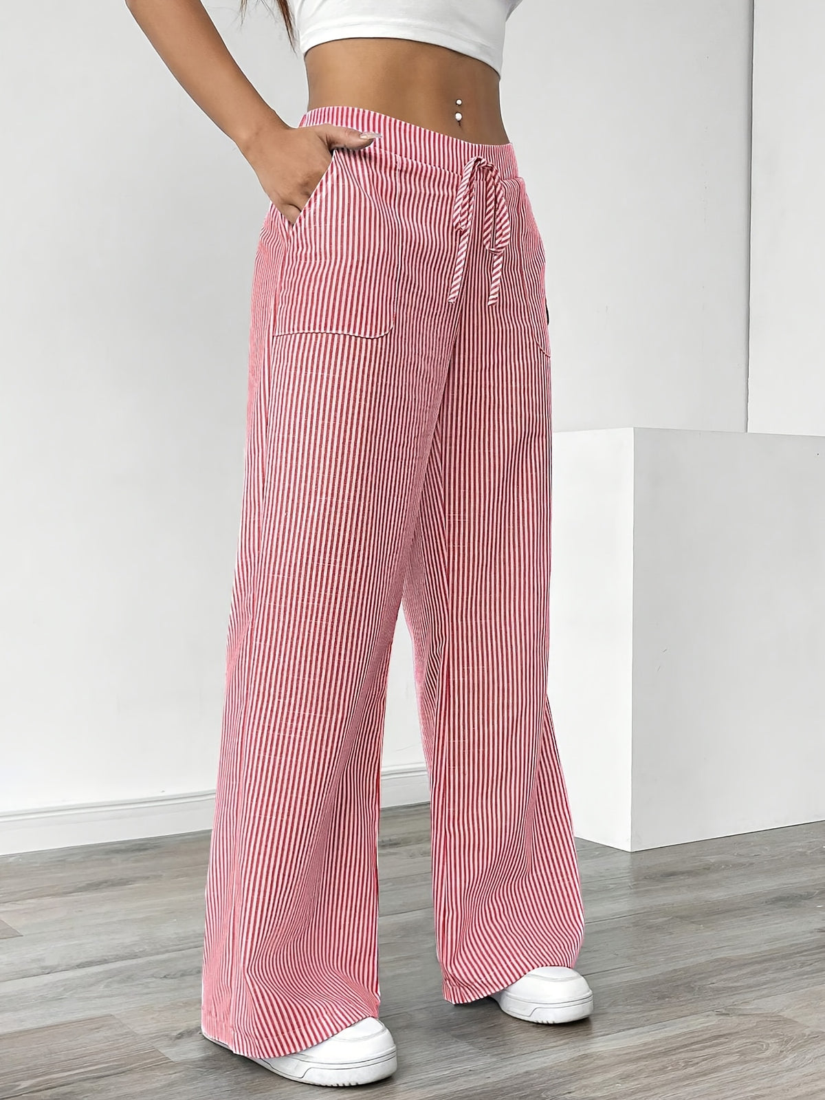 Women's French-Style Elegant Casual Commuter Striped Wide-Leg Pants, New Spring/Summer Loose Fashion Trousers with Pockets, Straight-Leg Versatile Style Zdz073103 - Watermelon Red