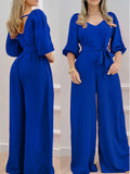 Women's Summer Casual V-Neck Tie-Waist Jumpsuit - Lightweight Breathable Wide-Leg Pantsuit, Machine Washable Solid Color Versatile Outfit for Beach, Brunch & Daytime Events, Smooth Texture Fabric, Beach Attire, Easy Care, Vacation Wear - Multicolor-Blue