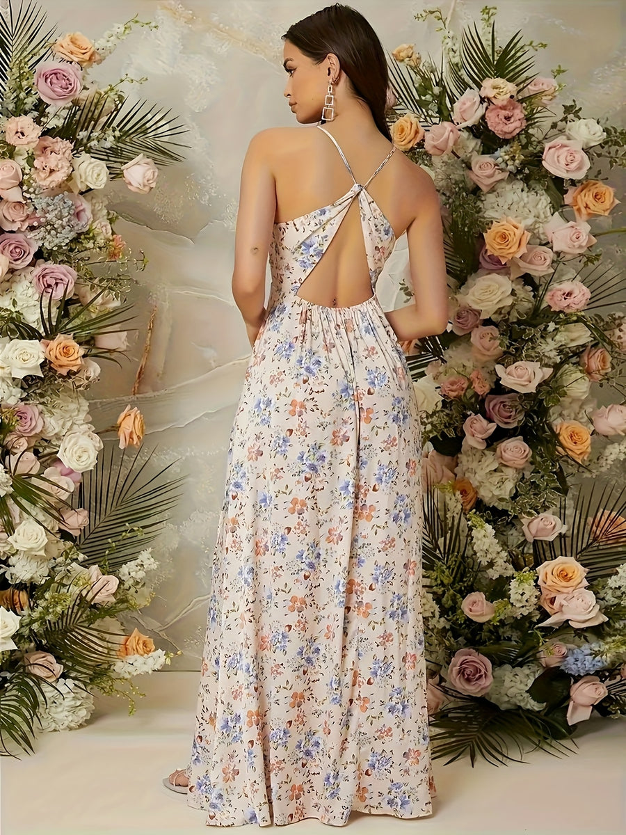 Women's Elegant V-Neck Floral Print Slit Maxi Dress Casual Vacation Off-Shoulder Long Dress - Multicolor