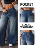 Women's High-Waisted Washed Wide-Leg Jeans with Pockets - Medium Blue