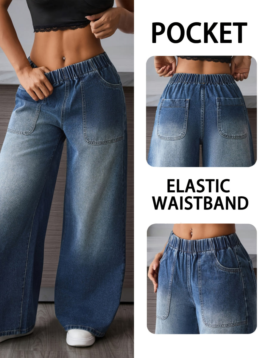 Women's High-Waisted Washed Wide-Leg Jeans with Pockets - Medium Blue