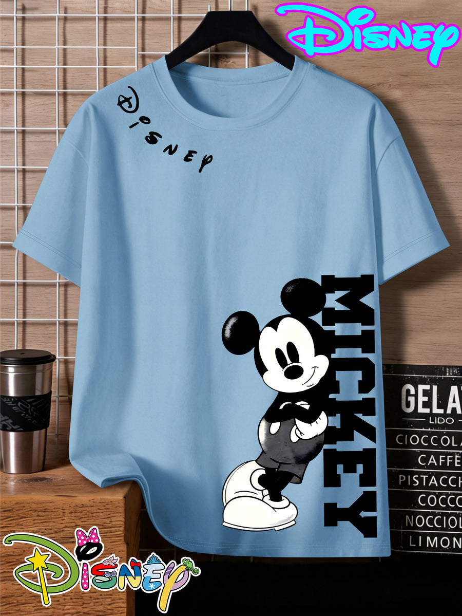 Disney Mickey Black And White Vertical Letter Print Round Neck Short Sleeve T-Shirt, a Minimalist And Trendy Top - Sky Blue