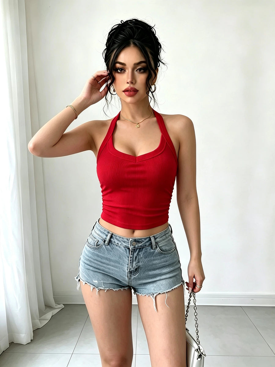 Women'S Spring Summer Halter Neck Solid Color Cami Tank Top, Spicy Sheer Short Top for Inner Wear And Outer Wear, Classic Versatile Style - Red