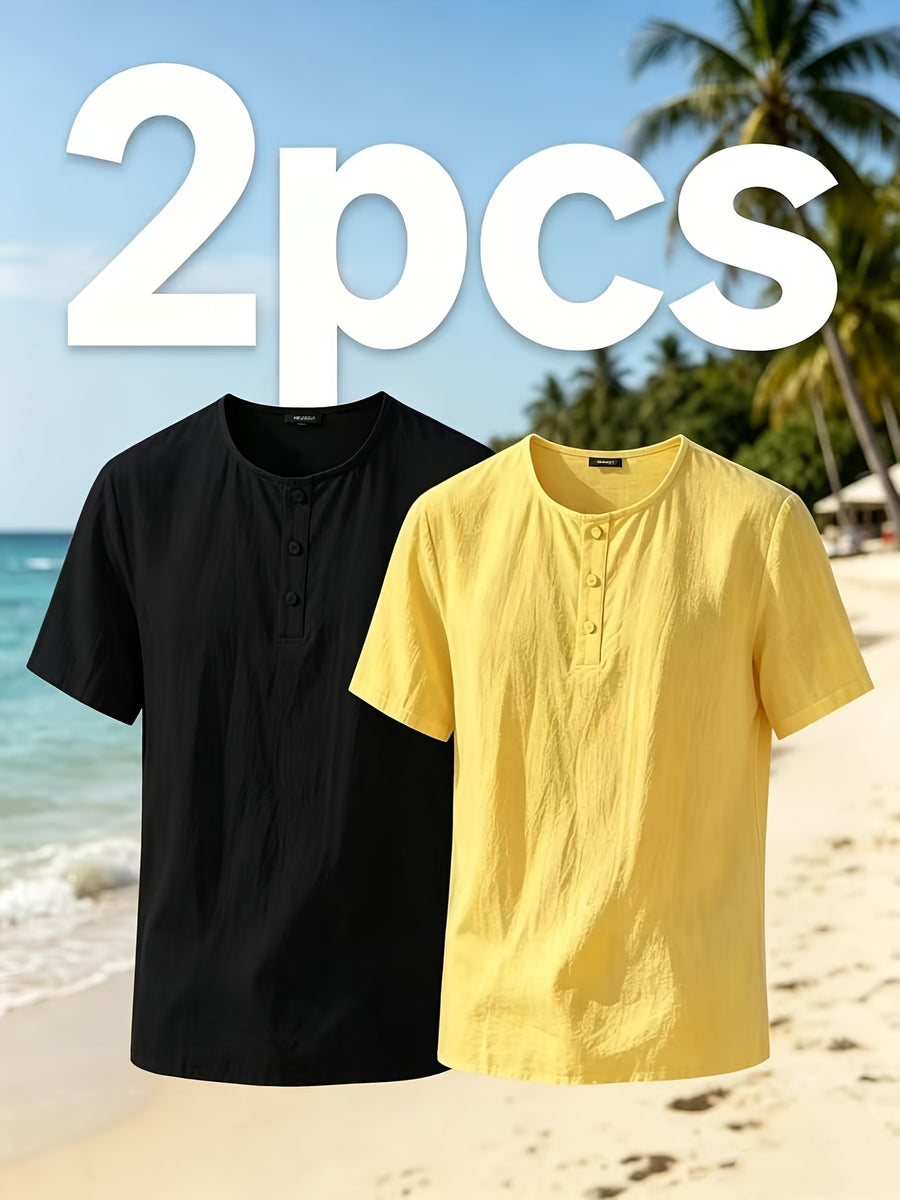 Men'S Summer Short-Sleeve T-Shirt Set, 2Pcss Beach Casual Breathable Top, Easy Design for Pool Parties And Beach Vacations, Ideal Gift for Beachwear, Daily Casual Relaxed (2Pcss Set) - Black+Yellow