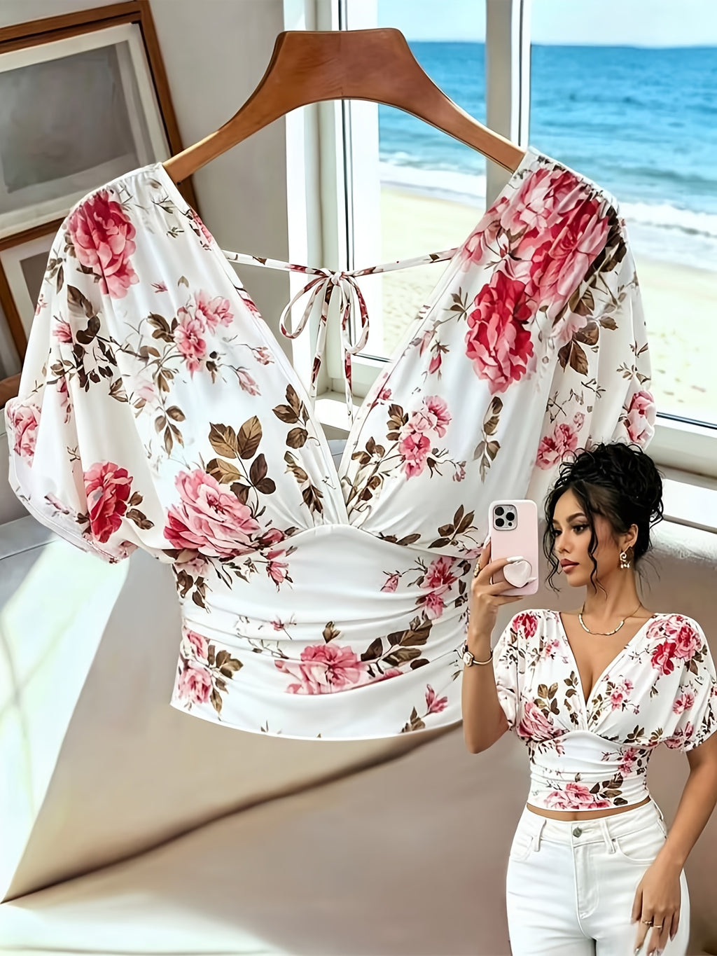 Women'S Elegant White Floral V-Neck Ruched Waist T-Shirt, Summer Bohemian Holiday Tea Party Festive Outfit Floral Print Top, Suitable for Dates, Beach Vacations, And More - Mixed colors