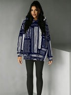 Women's Hooded Sweatshirt with Side Slit Design, Fun Pattern, Comfortable Fit, Suitable for Autumn and Winter, Navy Blue Base with White Tribal Hand-Painted Vintage Style, Relaxed Casual Top - Mixed colors
