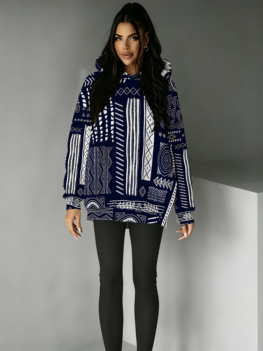 Women's Hooded Sweatshirt with Side Slit Design, Fun Pattern, Comfortable Fit, Suitable for Autumn and Winter, Navy Blue Base with White Tribal Hand-Painted Vintage Style, Relaxed Casual Top - Mixed colors