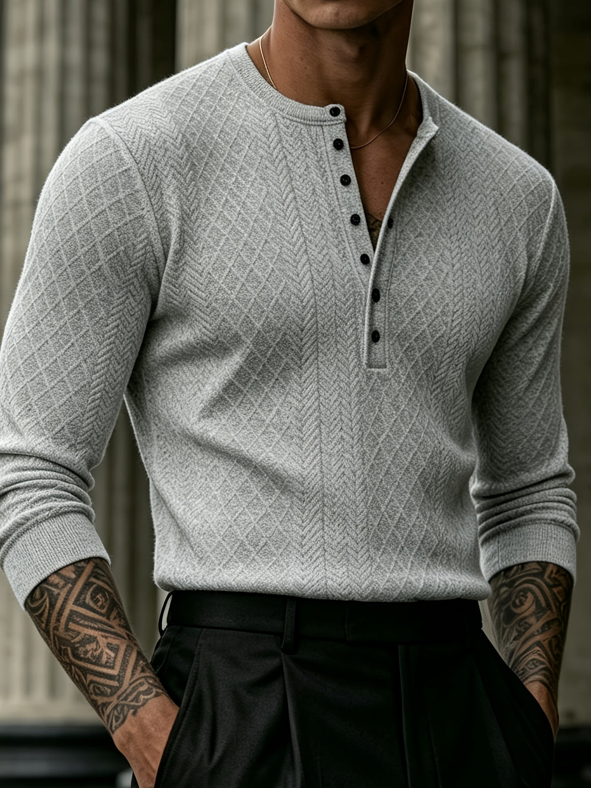 Joshmei OBM Black Friday Men's Dark Gray Geometric Knit Henley Neck Top, Diamond Weave Jacquard Pattern, Refined Casual Style, Autumn/Winter Slim Fit Long Sleeve Pullover, Suitable for Daily Commuting, Streetwear, and Weekend Gatherings - Light Grey