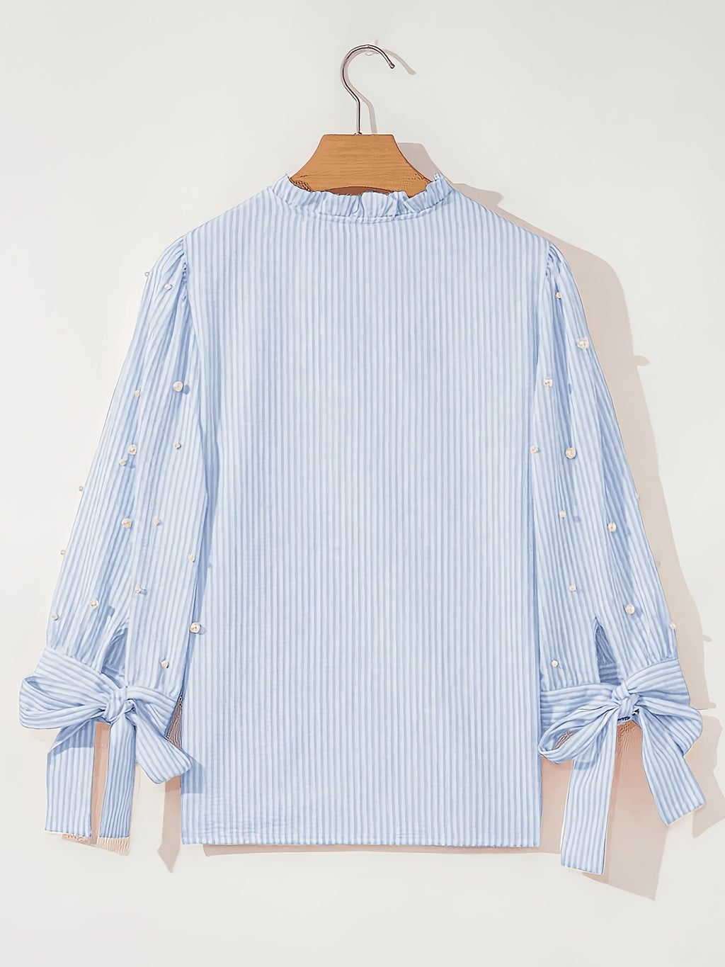 Women's Striped Fabric Top with Faux Pearl Bow, Ruffled Hem, and Tie-Front, Pink, Spring/Summer Style - Light Blue