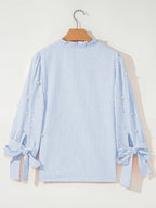 Women's Striped Fabric Top with Faux Pearl Bow, Ruffled Hem, and Tie-Front, Pink, Spring/Summer Style - Light Blue