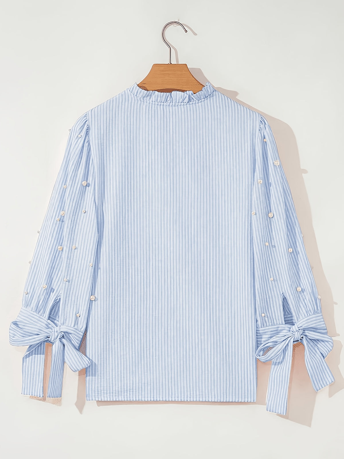 Women's Striped Fabric Top with Faux Pearl Bow, Ruffled Hem, and Tie-Front, Pink, Spring/Summer Style - Light Blue