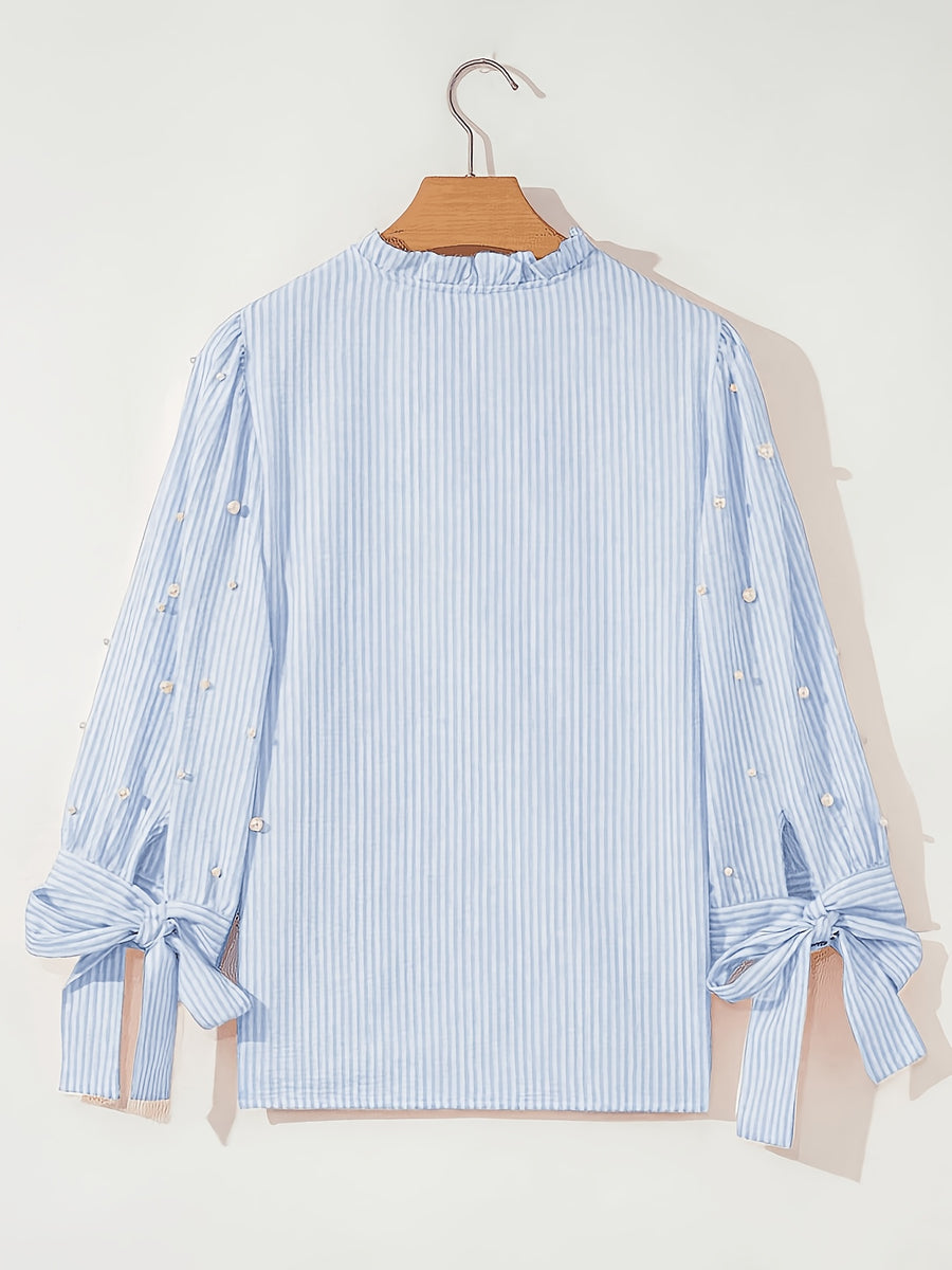 Women's Striped Fabric Top with Faux Pearl Bow, Ruffled Hem, and Tie-Front, Pink, Spring/Summer Style - Light Blue