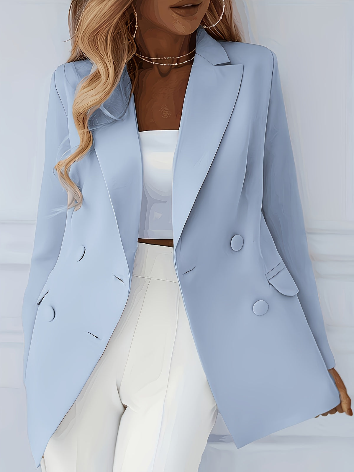 Fashion Women'S Elegant Suit Jacket Trendy Solid Color Lapel Double-Breasted Blazer - Bright Steel Blue