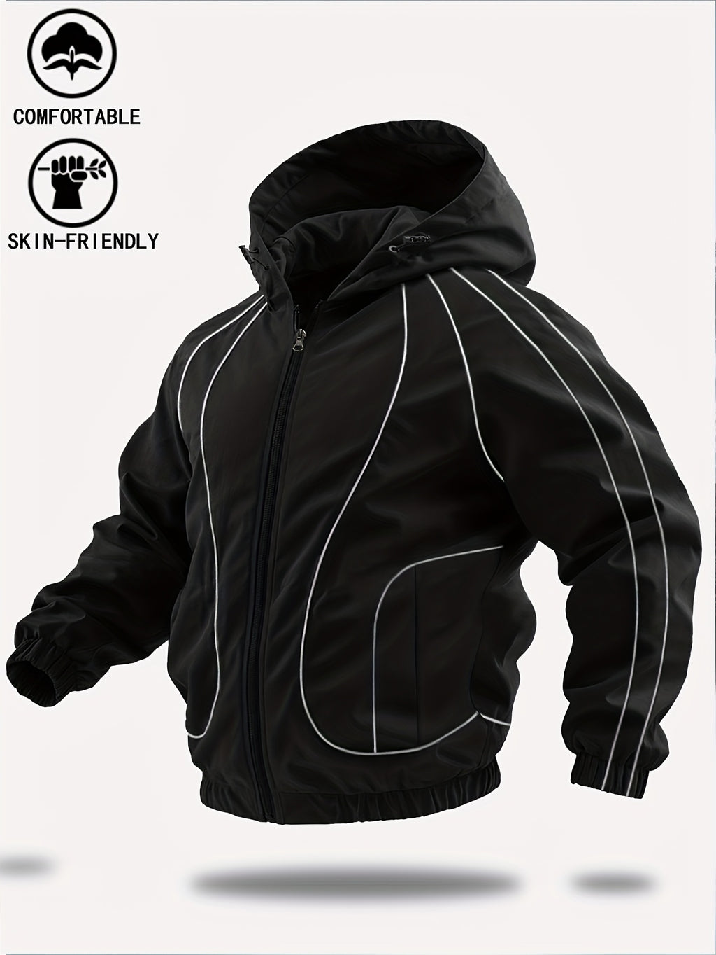 New Autumn/Winter Men's Trendy Hooded Casual Sport Jacket, Loose Fit Fashionable Versatile Jacket with Full-Body Drawstring Design, Outerwear Windbreaker JK5689 - Black