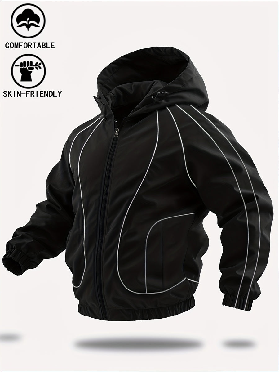 New Autumn/Winter Men's Trendy Hooded Casual Sport Jacket, Loose Fit Fashionable Versatile Jacket with Full-Body Drawstring Design, Outerwear Windbreaker JK5689 - Black