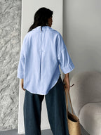 Fashion Spring Summer Women'S Off-Shoulder Puff Sleeve Button-Up Elegant Loose Shirt Lapel - Light Blue