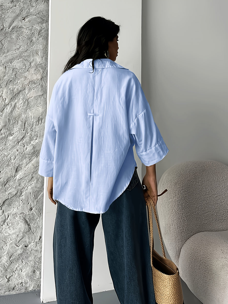 Fashion Spring Summer Women'S Off-Shoulder Puff Sleeve Button-Up Elegant Loose Shirt Lapel - Light Blue