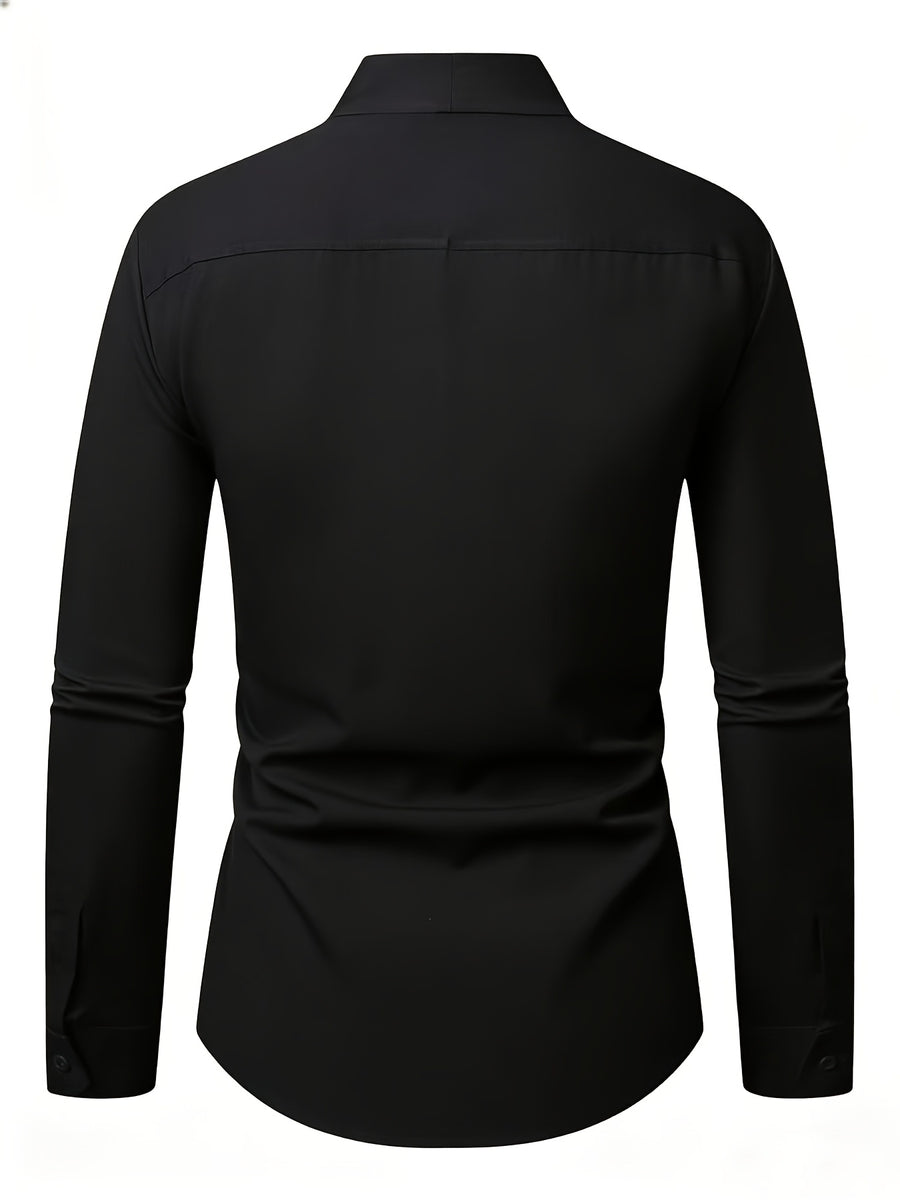 Men'S Solid Color V-Neck Shirt Casual Business Formal Shirt Slim Fit Long-Sleeved Social Party Shirt, Soft And Skin-Friendly Fabric, Suitable for Wearing in All 4 Seasons, Autumn, Stretchy, Office, Button - Black