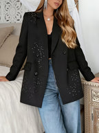 Spring/Autumn Women'S Blazer, Rhinestone Long Sleeve Suit, Double-Breasted Lapel Design, High-Quality Craftsmanship, Machine Washable, Suitable for Dates, Daily Wear, Parties, Fashionable Commuting - Black