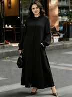 Eid Al-Fitr Abaya Dress Elegant Women'S Dress Solid Color Ruffle Round Neck Drawstring Button Long Sleeve Dress Casual Home Commute Dress - Black