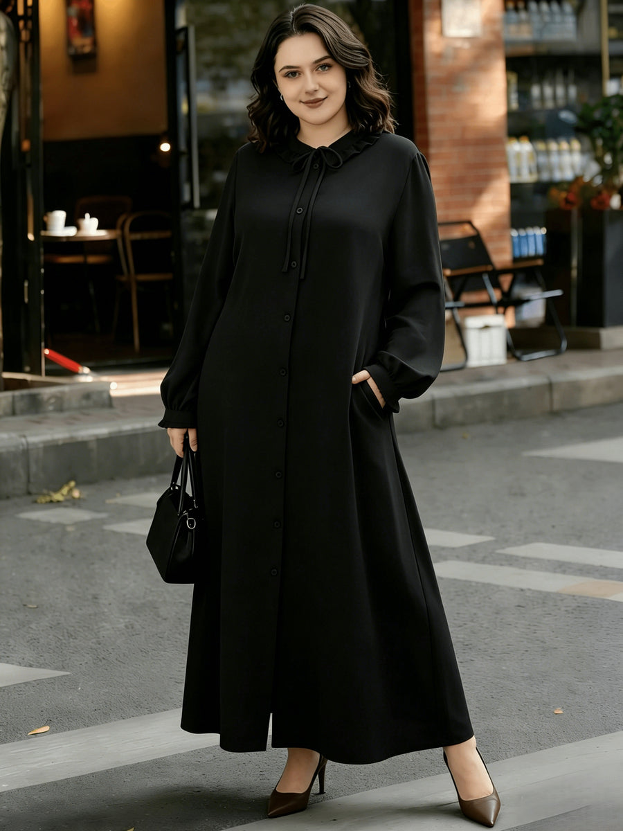 Eid Al-Fitr Abaya Dress Elegant Women'S Dress Solid Color Ruffle Round Neck Drawstring Button Long Sleeve Dress Casual Home Commute Dress - Black