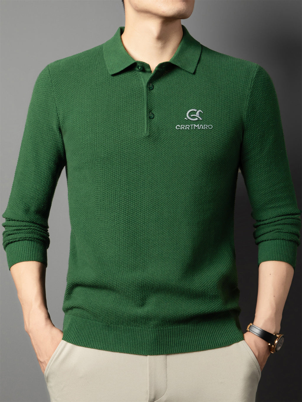 ZBZP Autumn/Winter Knitted 3D Solid Color Lapel Polo Sweater, Basic Knit Pullover, Men's Fashion Long-Sleeve Knitwear XD - Dark Green