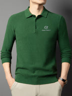 ZBZP Autumn/Winter Knitted 3D Solid Color Lapel Polo Sweater, Basic Knit Pullover, Men's Fashion Long-Sleeve Knitwear XD - Dark Green