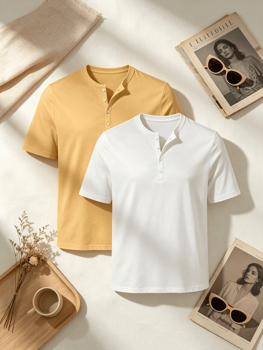 2pcs Summer Refreshing Men's Henley Shirt, Button-Front Placket Design, Skin-Friendly Fabric, Breathable and Non-Stuffy, Simple and Elegant, Multiple Colors Available, Versatile for Daily Commuting and Outings - Mixed Color 2