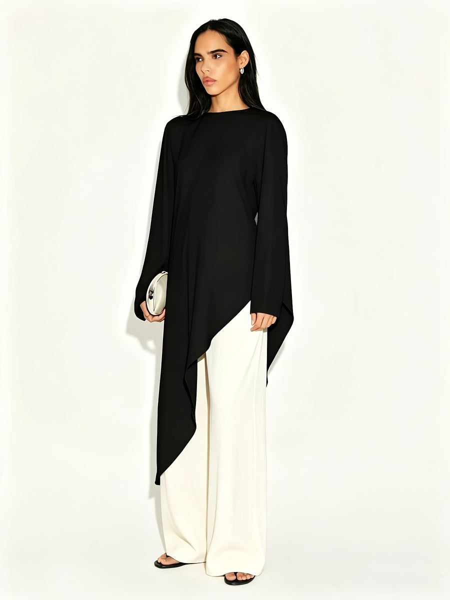 Elegant Directional Asymmetrical Flowing Long Sleeve Round Neck Waist-Cinching Top, Side Slit Design, Casual Daily Shirt - Black