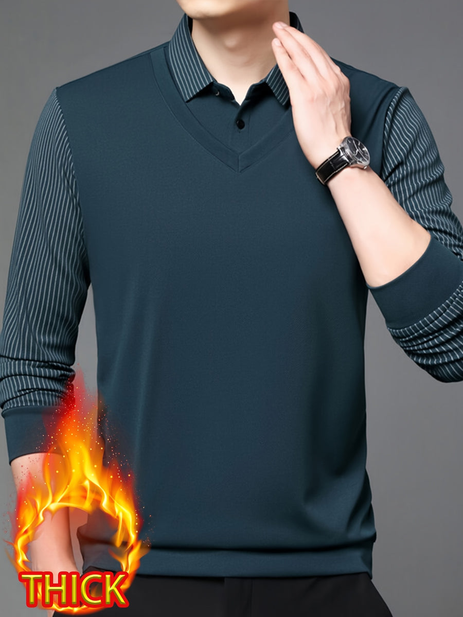 Men'S Autumn Casual 2pcs Collar Long Sleeve Top, V-Neck Vest with Striped Sleeves, Business Style, Suitable for Commuting And Entertaining - Ha Qing