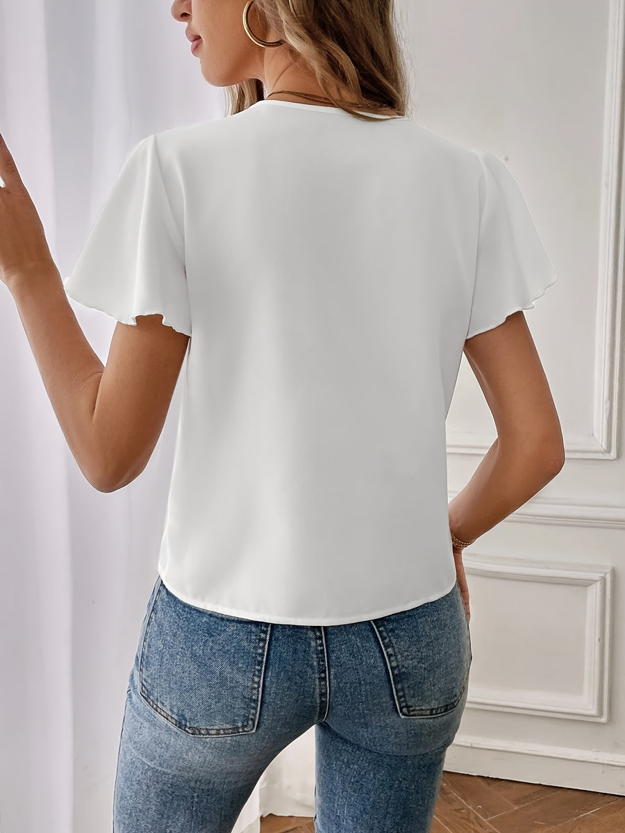 Women's Elegant V-Neck Ruffled Sleeve Blouse - Lightweight 100% Polyester Short Sleeve Shirt, Machine Washable Solid Color Top for Spring/Summer Casual & Formal Wear - White