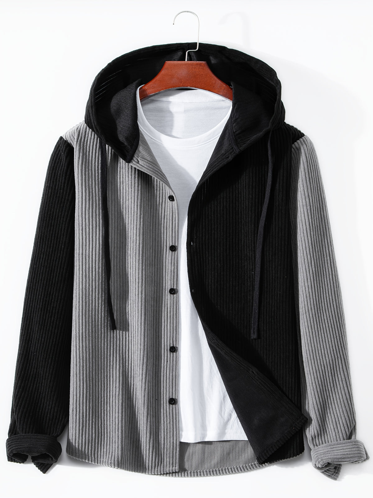 Men's Solid Color Patchwork Spring-Autumn Fashion Long-Sleeved Hooded Shirt Sweater Coat - Silvery Grey