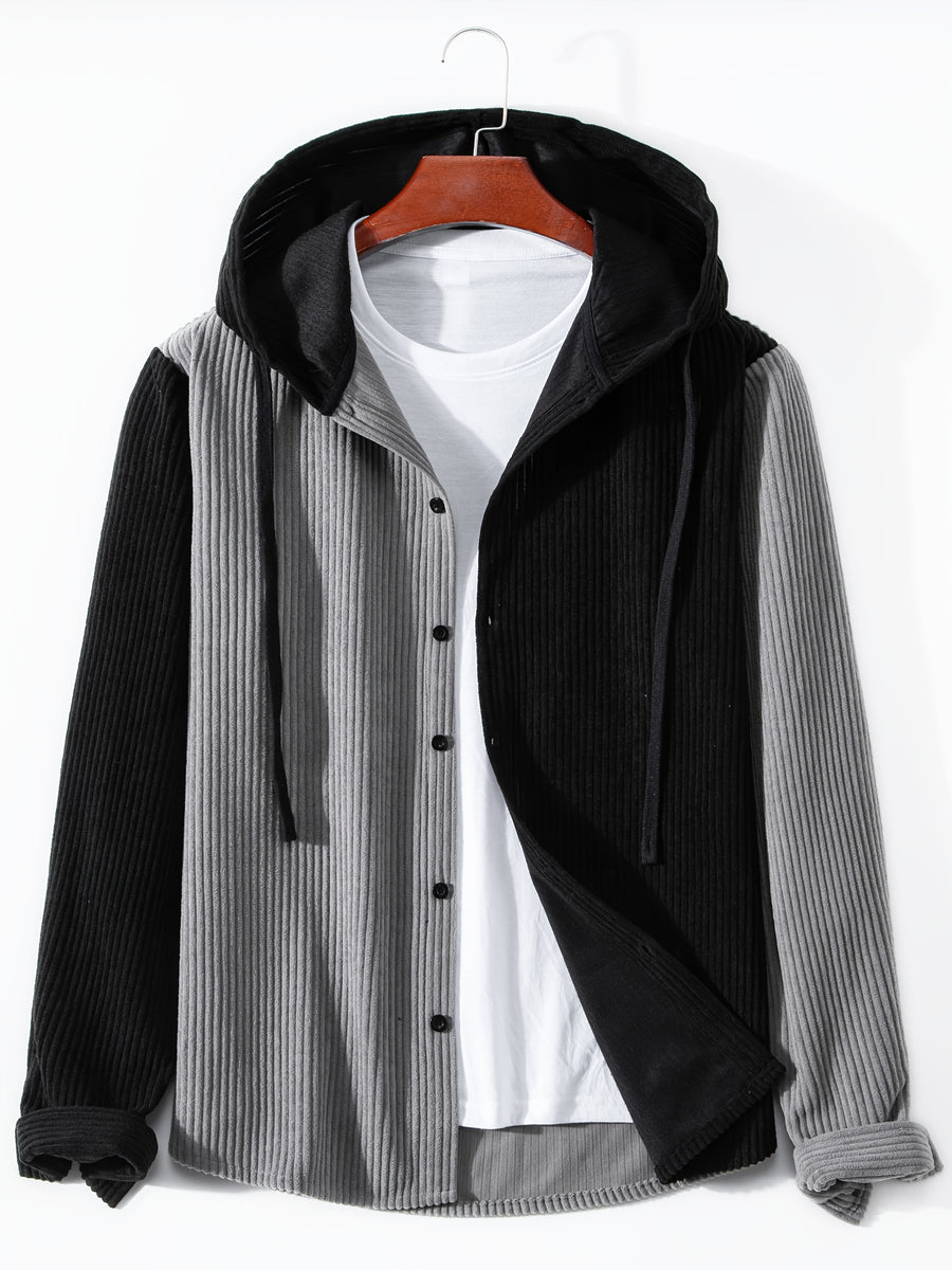 Men's Solid Color Patchwork Spring-Autumn Fashion Long-Sleeved Hooded Shirt Sweater Coat - Silvery Grey