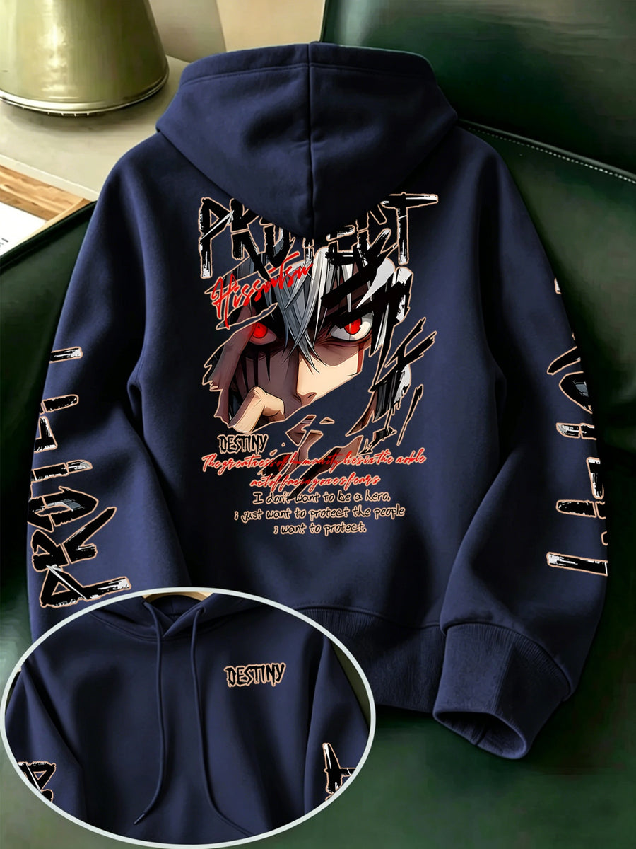 Limited-Time Special Offer: Single-pc Unisex Black Knitted Hooded Sweatshirt with Anime Boy Portrait Graffiti and English Print, Trendy Cool Anime-Style Loose Drop-Shoulder Hoodie for Spring/Autumn, Casual Wear for Outings and Gatherings - Navy Color