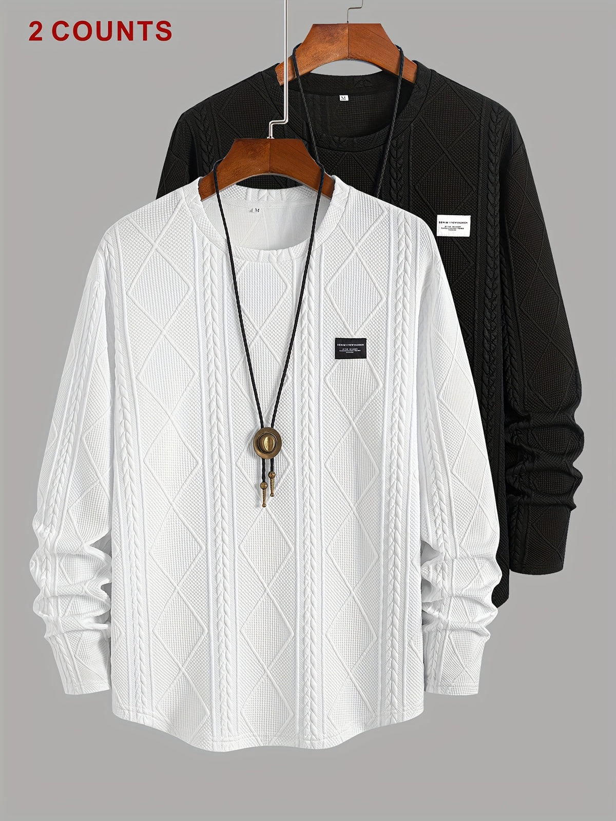 Jacquard Knit Long-Sleeve T-Shirt 2pcs, Casual Sport Long-sleeve Tee Made from Jacquard Knit Textured Fabric, Suitable for Daily Wear and Casual Outdoor Sports - White+black