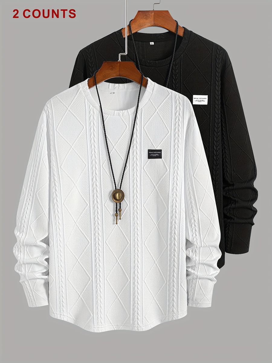 Jacquard Knit Long-Sleeve T-Shirt 2pcs, Casual Sport Long-sleeve Tee Made from Jacquard Knit Textured Fabric, Suitable for Daily Wear and Casual Outdoor Sports - White+black