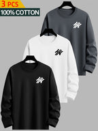 3-Pc - 100%, Men'S Long Sleeve T-Shirt for Spring And Autumn, Creative Print Pattern, Black/White/Blue/Gray - Color, Fabric Wear, Comfortable And Suitable As a Holiday Gift - Combination Color 2