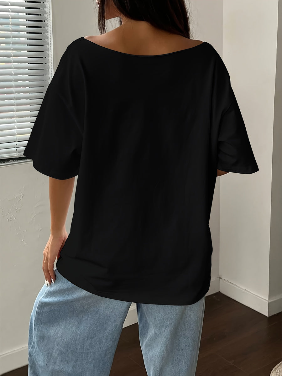 Women'S Short Sleeve Letter Pattern Casual T-Shirt - Black
