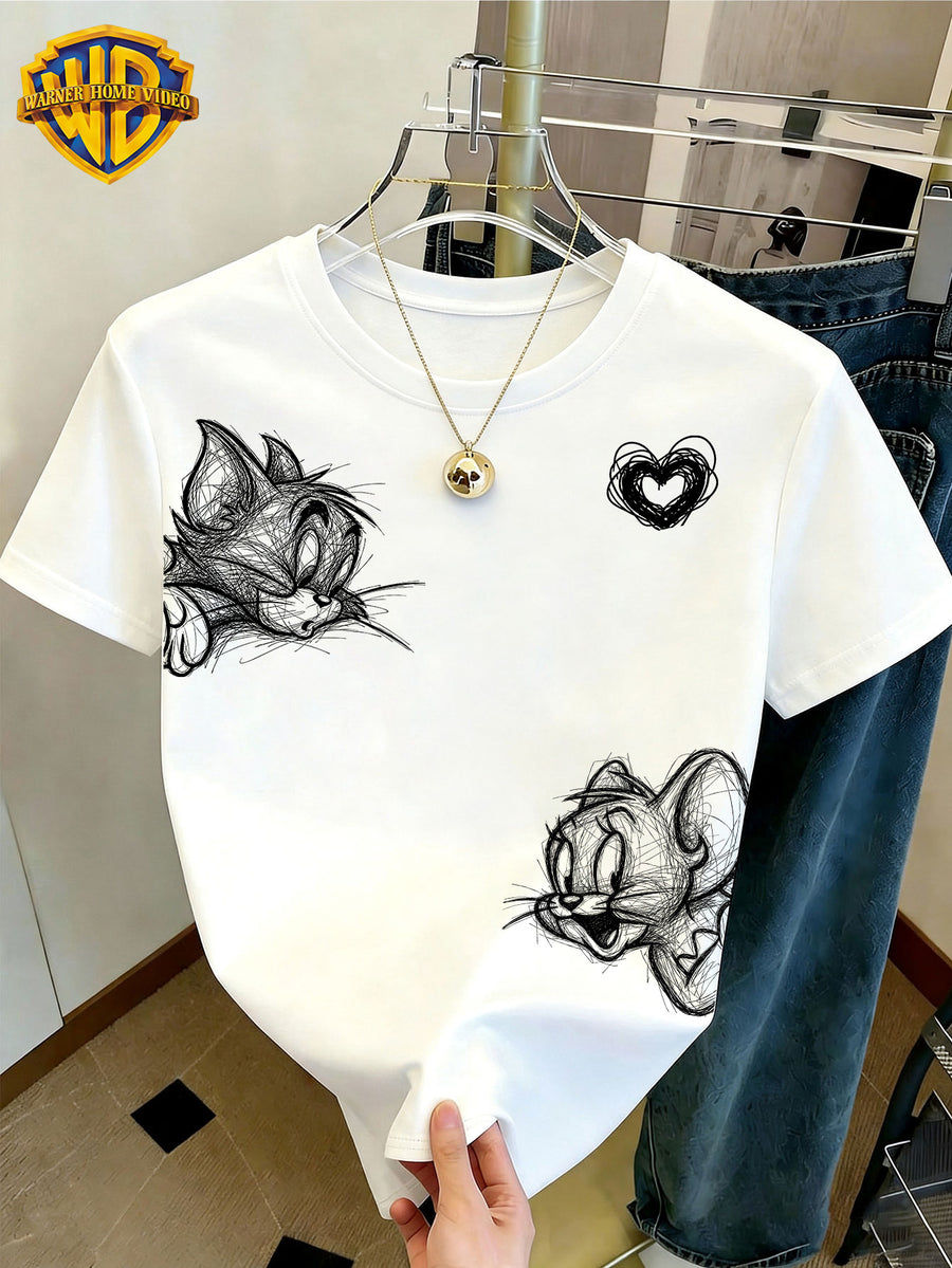 WB Women's Warner Officially Licensed T-Shirt - WB & Heart Print Crew Neck Short Sleeve Top, Casual Summer Shirt Suitable for Daily Commute, Home Wear, Machine Washable Non- Wardrobe Essential - White