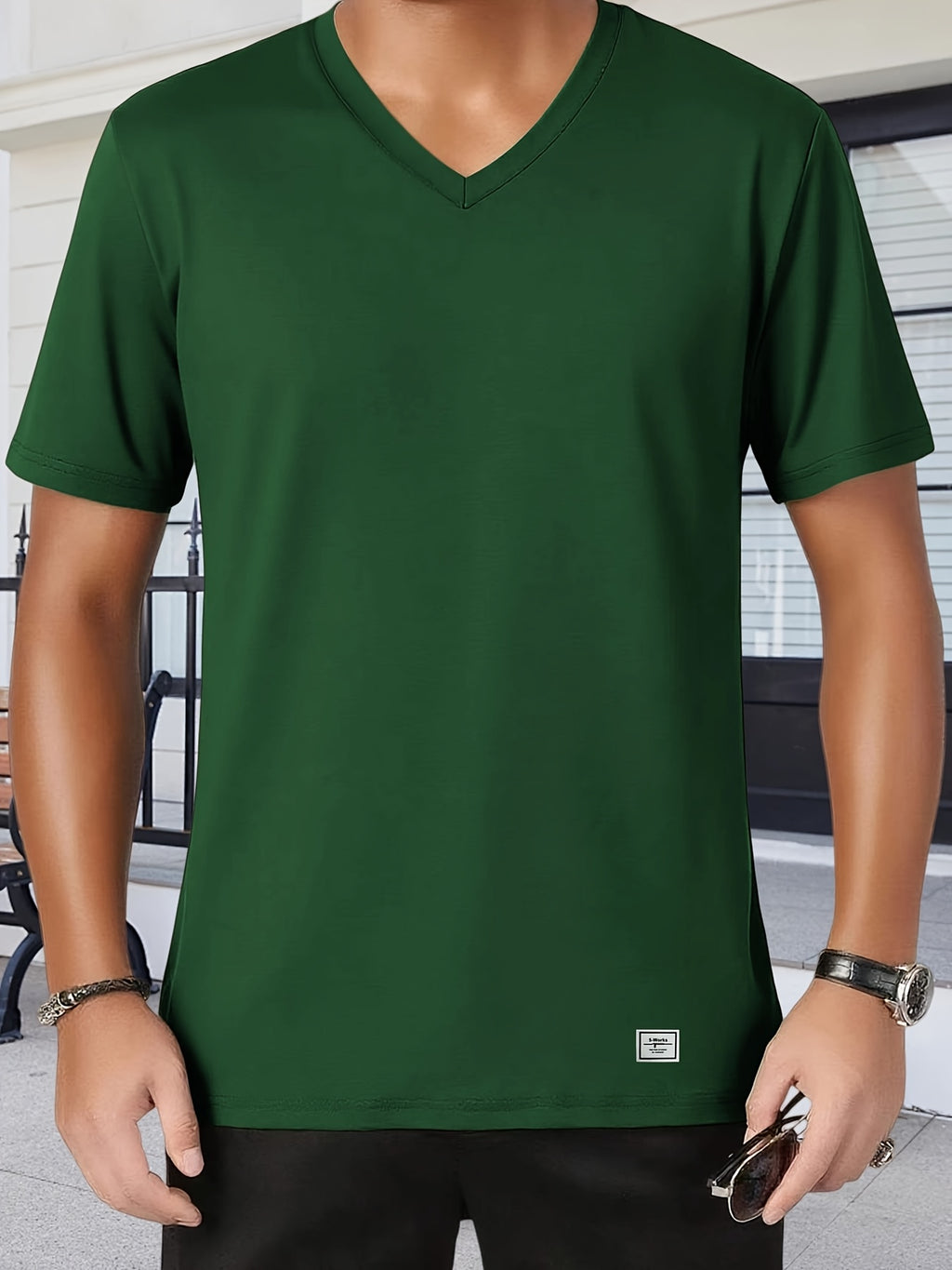 180g 100% Men's V-Neck Short-Sleeve Top, Casual T-Shirt, Solid Color Base Layer, "5-work" Summer All-Season Base Layer, Factory-Made for Men, Comfortable, High Quality, High Fit Rate, Casual Sportswear - Green