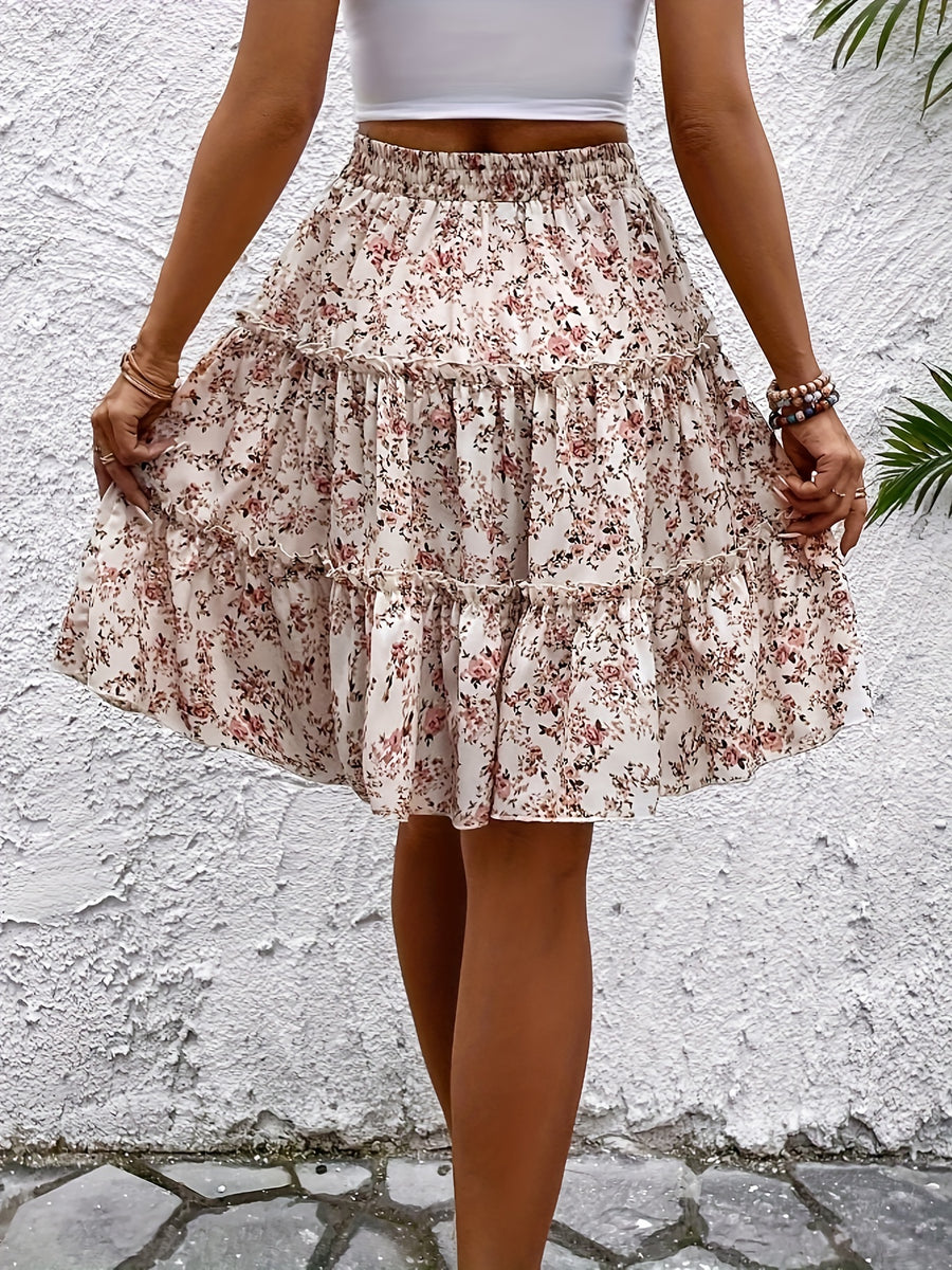 Floral Print Elastic Waist Skirt, Elegant Tiered Knee Length A-line Skirt For Spring & Summer, Women's Clothing - Pink
