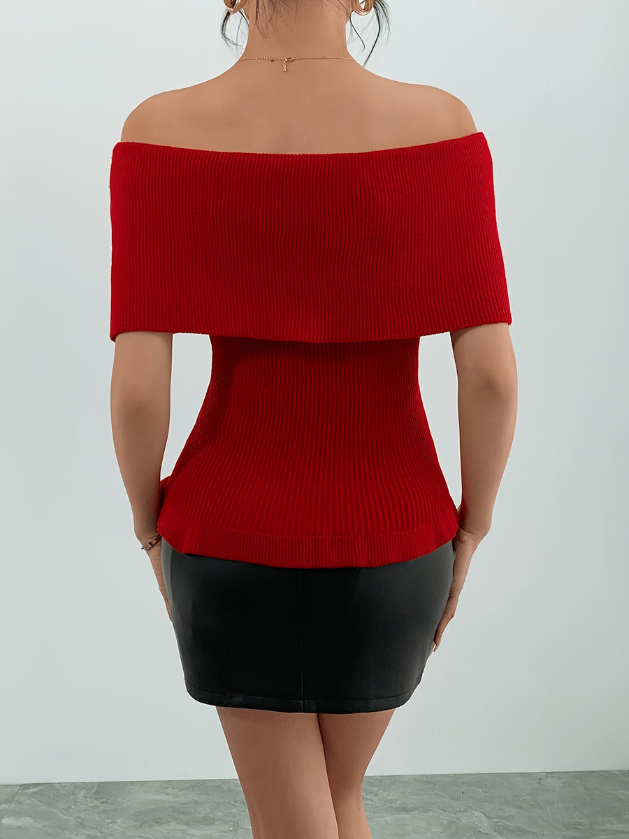 2026 New Style Red Three-Dimensional Rose Off-the-Shoulder Top for Women, Fold-Over Off-Shoulder Slim-Fit Ribbed Slightly Sweet & Sensual Style Cropped Base Layer Shirt - Red