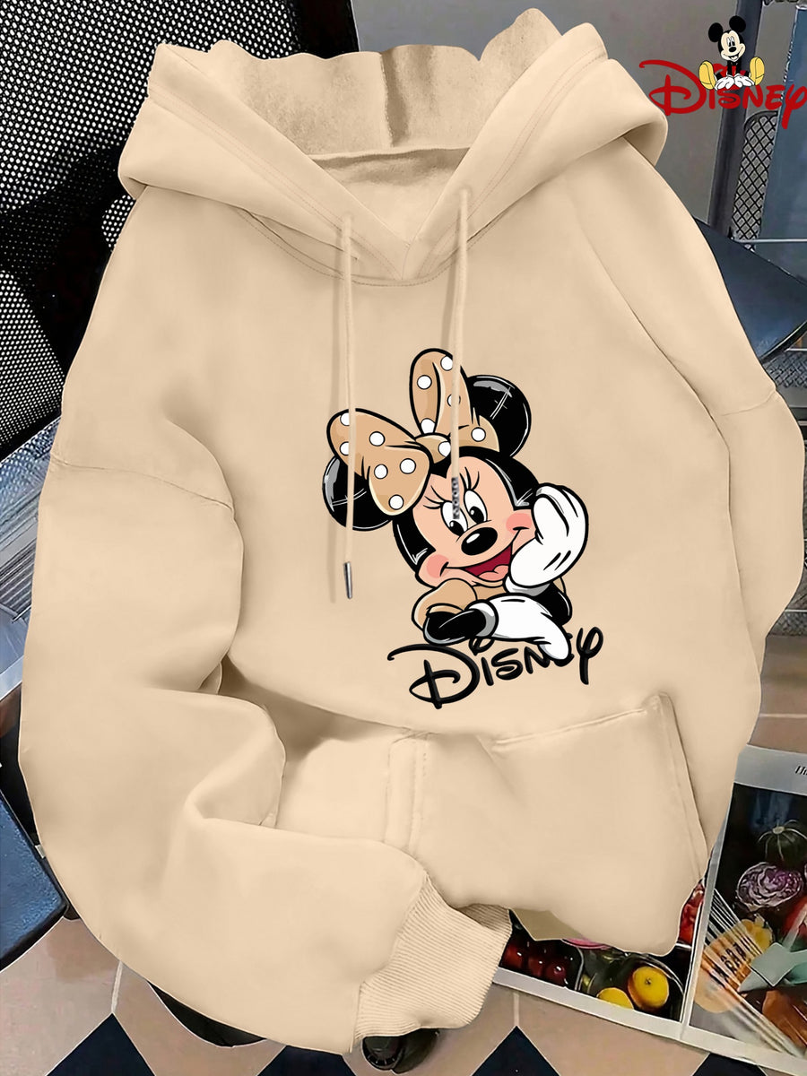 Minnie Mouse Face Print Japanese Hooded Sweatshirt, Loose Casual Kangaroo Pocket Pullover Top - Apricot