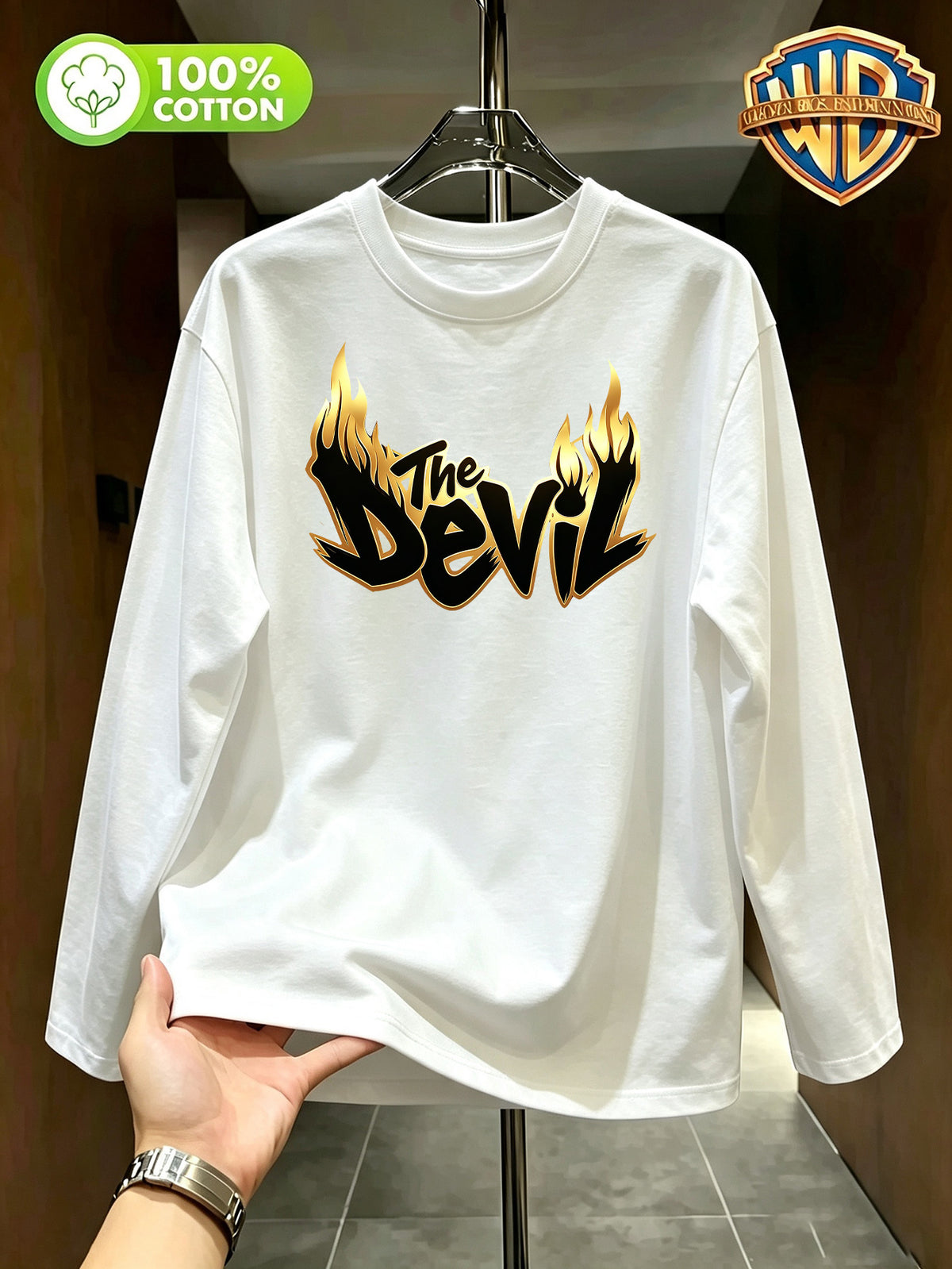 Authorized by Warner Bros., Printed 100% Pure T-Shirt, Men'S Comfortable And Versatile Loose Summer | Autumn | Long Sleeve T-Shirt, Suitable for Outdoor Sports, Gym, And Multi-Functional Sports Casual Loose Wear - White