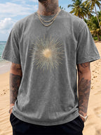 Men's Short-Sleeve T-Shirt, Pure Cotton, Loose Fit, Washed and Distressed, Sunburst Starlight Pattern, Trendy Reverse Double-Sided Print, Multiple Colors for Mix and Match, American Streetwear Hip-Hop High Street Top, for Daily Outings - Grey