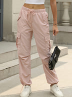 Women's Casual Cargo Pants with Multiple Pockets & Adjustable Drawstring Waist - Solid Color Long Length Non-Stretch Fabric for Casual Attire, All-Season Comfort, Leisure Outing Trousers, Fashion Cargo Pants, Nontransparent Fabric - Pink Color