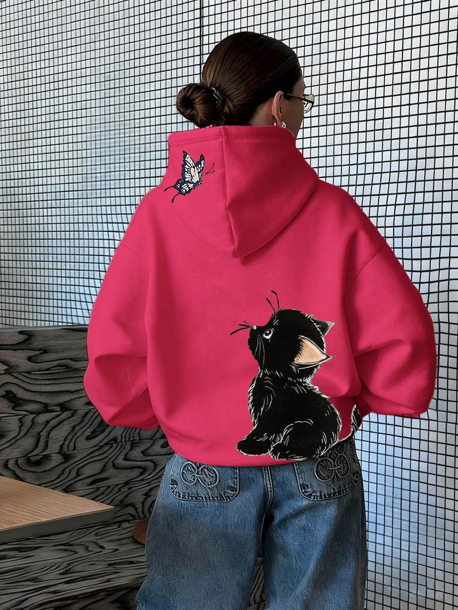 Fun 1pc Hooded Sweatshirt with Hand-Drawn Cute Little Black Cat Illustration Featuring a Butterfly, Pet Element, and Adorable Style Apparel Print - Rose Red