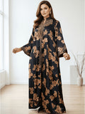 New Fashionable Loose-fit Embroidered Printed Robe with Heavy Embroidery and Rhinestone Embellishments on the Front Placket. A Long Evening Gown for Banquets and Festivals, the Pearlescent Fabric Enhances the Dress's Texture, Making It Ideal - Black