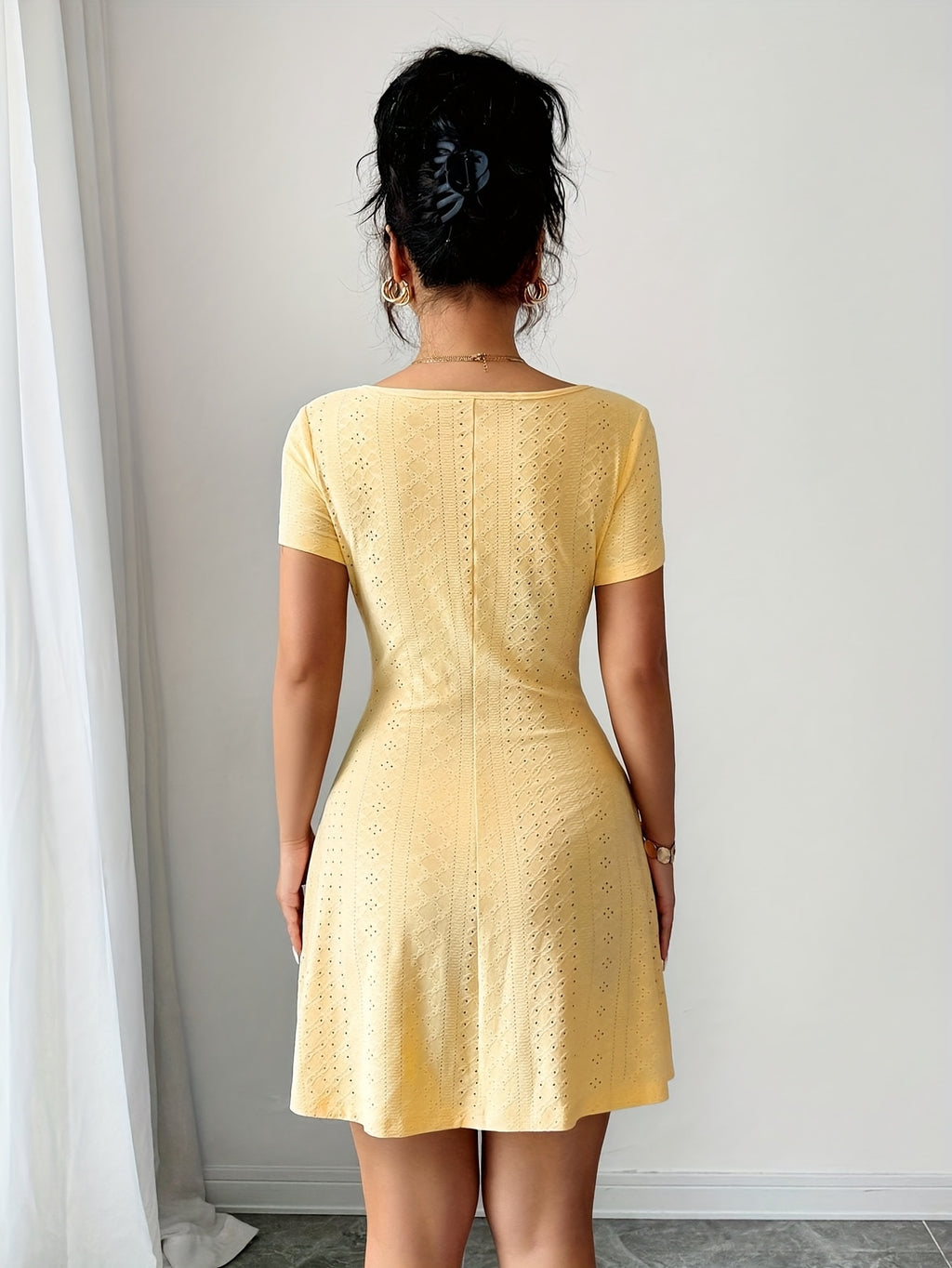 Women'S Summer Jacquard Sexy Slim Fit Mini Dress - Yellow